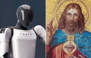 El robot humanoide Optimus, de Tesla, y el Sagrado Corazón de Jesús. Crédito: Giovanni Cancemi / Maria Ratta / Shutterstock