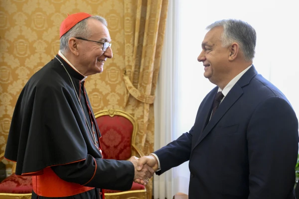 Cardinal Pietro Parolin greets Viktor Orbán. Credit: Vatican Media