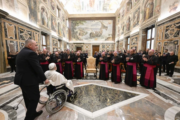 Pope Francis arrives in a wheelchair at the audience with the seminarians of Valencia this morning in the Vatican. Credit: Vatican average