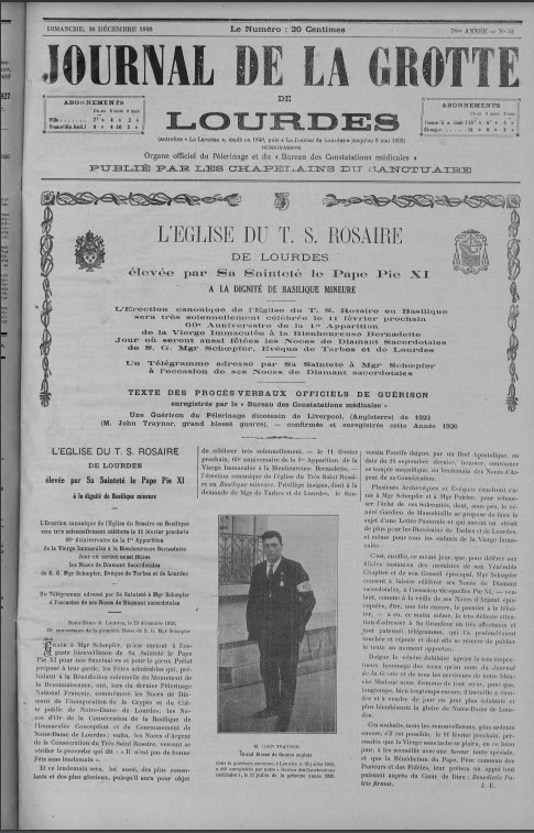 Portada del "Journal de la Grotte" de diciembre de 1926 en el que se habla del milagro de Jack Traynor. Crédito: Santuario de Lourdes.