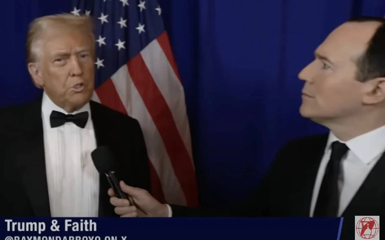 El expresidente de los Estados Unidos, Donald Trump, es entrevistado por Raymond Arroyo de EWTN justo antes de asistir a la cena anual Al Smith en apoyo del trabajo caritativo de la Arquidiócesis de Nueva York, el 17 de octubre de 2024.?w=200&h=150