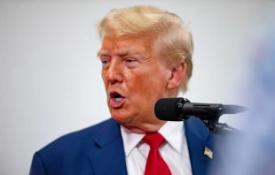 El candidato presidencial del Partido Republicano, el expresidente de Estados Unidos Donald Trump, habla en la sede de la campaña Trump Force 47 el 26 de agosto de 2024 en Roseville, Michigan. Crédito: Emily Elconin/Getty Images