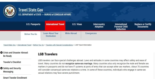 Screen capture of the “Information for LGB travelers” page of the US Department of State UU. After changing the language to comply with the new order. Credit: US State Department.