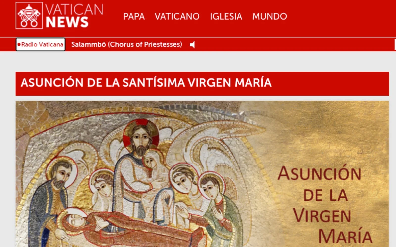 En el sitio web del Vaticano, el departamento de comunicaciones de la Santa Sede utilizó una imagen de un mosaico Rupnik de la Dormición de María en la parte superior de un artículo para la Solemnidad de la Asunción de María, el 15 de agosto de 2024.?w=200&h=150