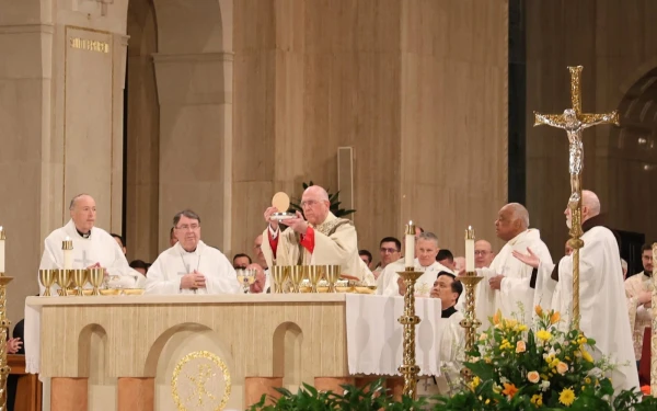 Cardinal Robert McElroy, Archbishop-Elect of Washington; Cardinal Christophe Pierre, Apostolic Nuncio to the United States; Bishop Joseph Naumann, Archbishop of Kansas City, Kansas; Bishop Timothy Broglio, president of the United States Conference of Catholic Bishops; Cardinal Wilton Gregory, Archbishop Emeritus of Washington; and Cardinal Sean O'Malley, Archbishop Emeritus of Boston celebrate the vigil Mass on January 23, 2025, the night before the March for Life. Credit: Courtesy of the Basilica of the National Shrine of the Immaculate Conception.