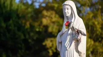 Esta estatua de la Santísima Virgen María se encuentra en la Colina de las Apariciones, con vistas al pueblo de Medjugorje.