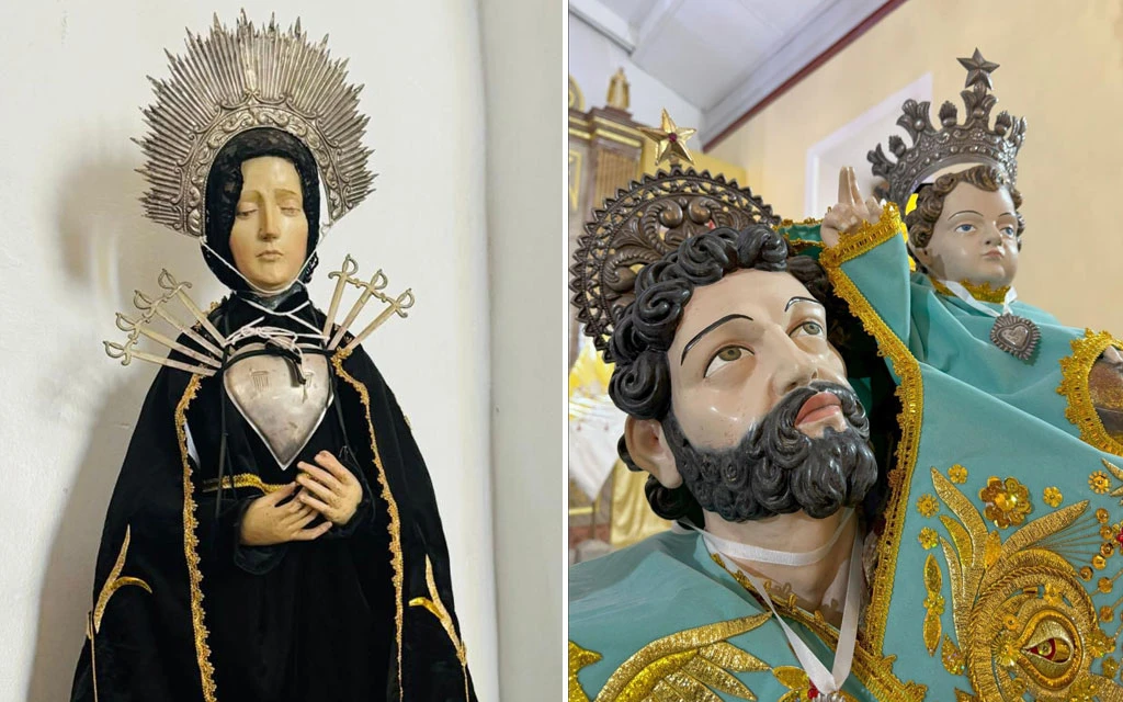 La Virgen Dolorosa con el corazón y las espadas de plata; y la imagen de San Cristóbal con el Niño Jesús con sus respectivas coronas de plata, antes del robo.?w=200&h=150