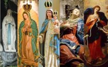 De izquierda a derecha: Nuestra Señora de Lourdes; Nuestra Señora de Guadalupe; Nuestra Señora del Rosario; Nuestra Señora de los Dolores y Nuestra Señora Desatadora de Nudos.