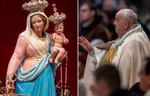 Imagen de la Virgen María y el Niño Jesús en la Basílica de San Pedro, y el Papa Francisco. Crédito: Daniel Ibáñez / EWTN News.