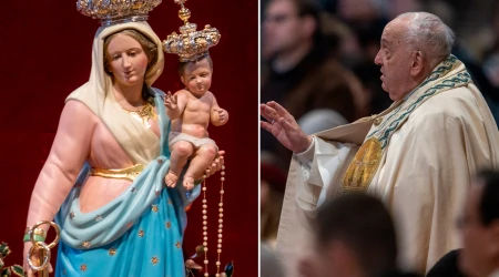 Imagen de la Virgen María y el Niño Jesús en la Basílica de San Pedro, y el Papa Francisco.