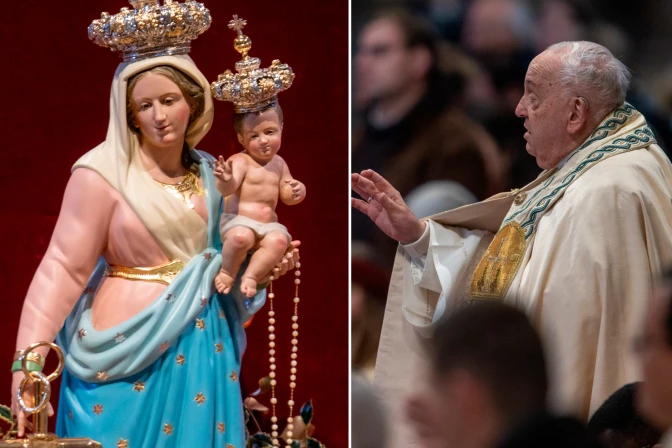 Imagen de la Virgen María y el Niño Jesús en la Basílica de San Pedro, y el Papa Francisco.