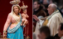 Imagen de la Virgen María y el Niño Jesús en la Basílica de San Pedro, y el Papa Francisco.