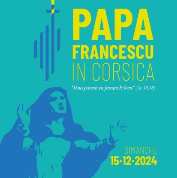 Logotipo oficial de la visita apostólica del Papa Francisco a Córcega, con el lema «Jesús pasó haciendo el bien» (Hechos 10,38). El diseño resalta a la Virgen María, Reina de Córcega, con elementos simbólicos mediterráneos y cristianos. Crédito: Vaticano