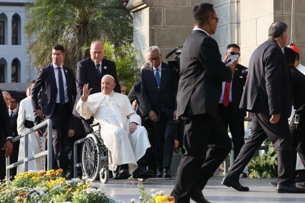 Pope Francis arrives at the Jakarta Cathedral. Credit: Daniel Ibáñez/EWTN News