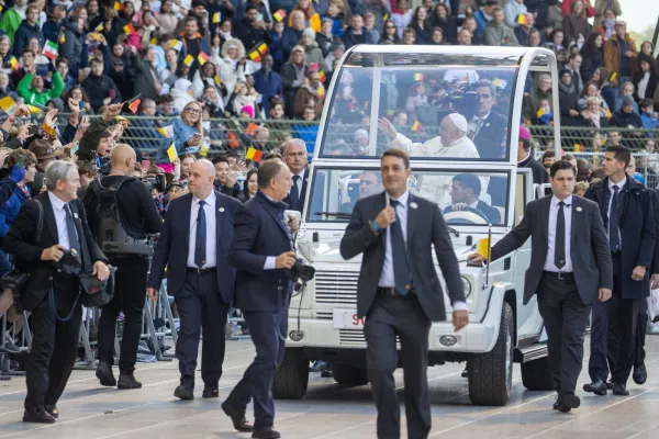 Pope Francis arrives at the stadium in a popemobile. Credit: Daniel Ibáñez/ EWTN News