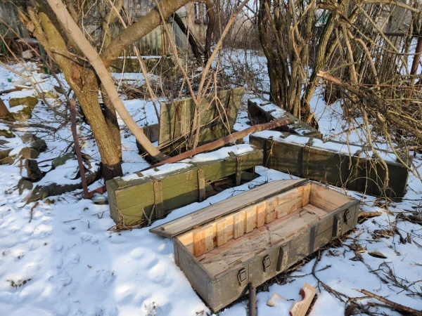 Abandoned Russian army ammunition boxes around the city of Izium. Credit: Courtesy/ Frontiere di Pace