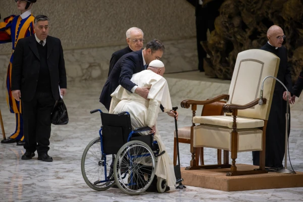 Pope Francis's mobility problems also force him to move in a wheelchair. Credit: Daniel Ibañez/Ewtn