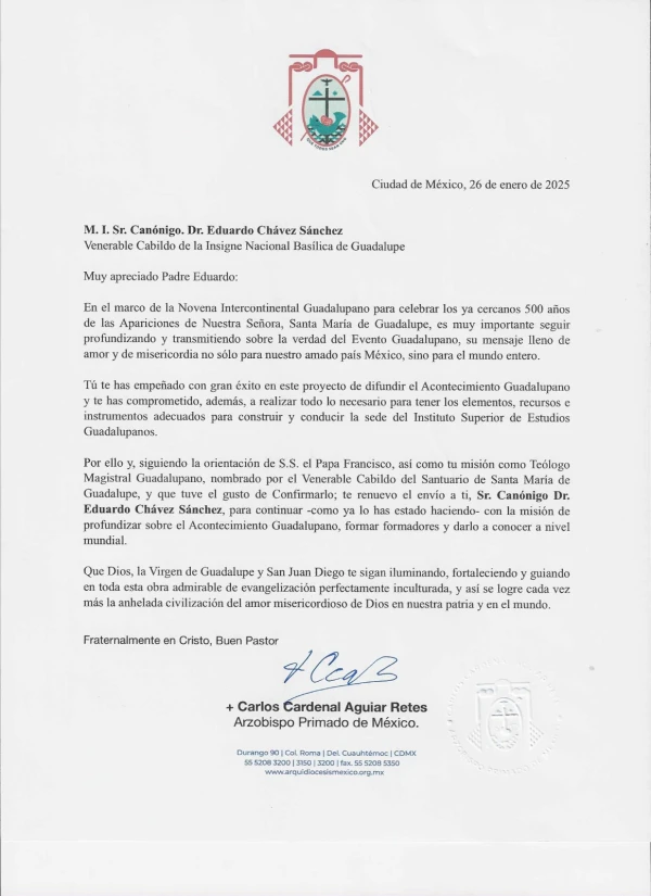 Letter from Cardinal Carlos Aguiar Retes to P. Eduardo Chávez. Credit: Courtesy of Fr. Eduardo Chávez.